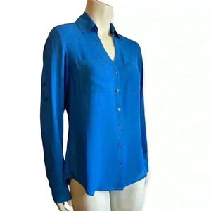 EXPRESS Portafino Blouse | Blue Boyfriend | Long Sleeve Roll Tab - Women’s XS